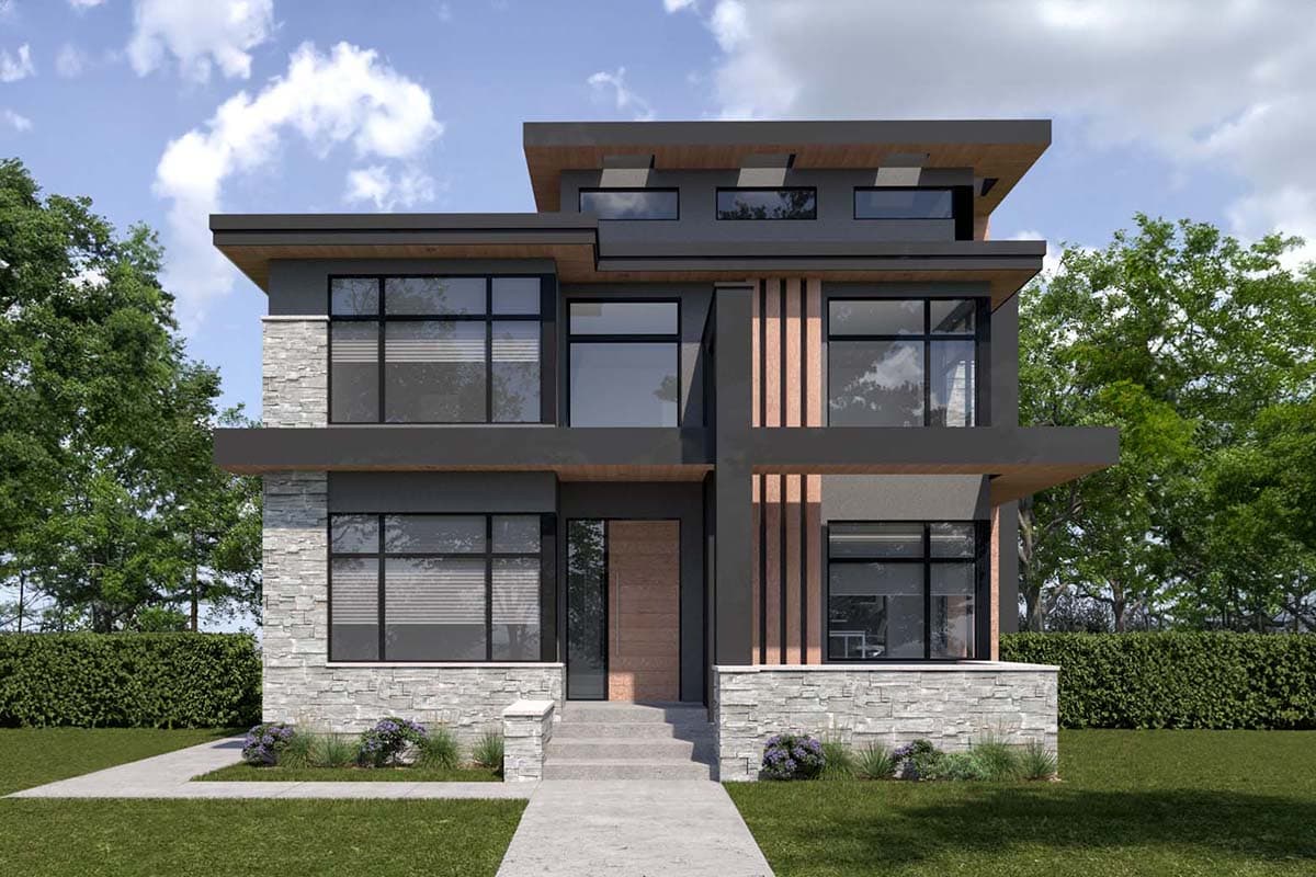 House plan exterior. Modern style, two-story home with flat rooflines, wood accents, and stone veneer facade. Large windows and covered porch.