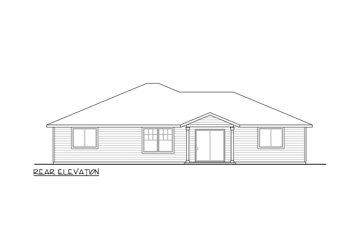 Rear elevation drawing of a single-story house with horizontal siding, a hipped roof, and a central sliding door.