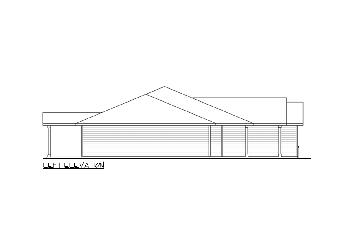 Left elevation drawing of a single-story house plan with a pitched roof, horizontal siding, and a covered porch supported by columns.