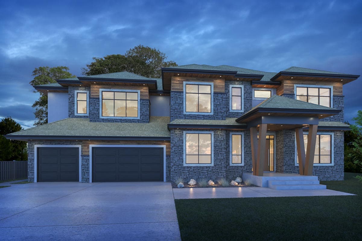 House plan exterior. Two-story modern home with stone veneer facade, flat rooflines, a porte-cochere, and attached two-car garage.
