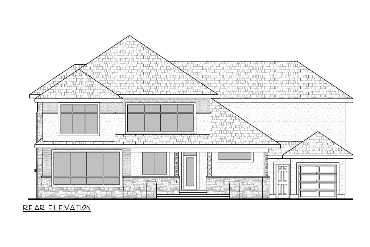 Rear elevation drawing of a two-story house with a covered porch, multiple gables, and an attached garage.