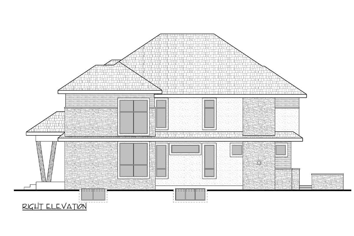 Right elevation drawing of a two-story house plan with multiple windows, stone accents, and layered rooflines.