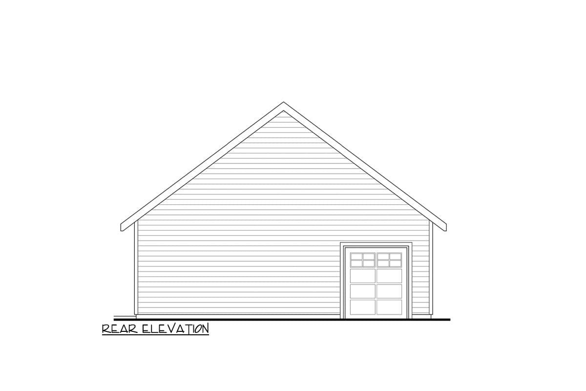 Rear elevation drawing of a house plan showing a pitched roof and a single garage door with six panes.
