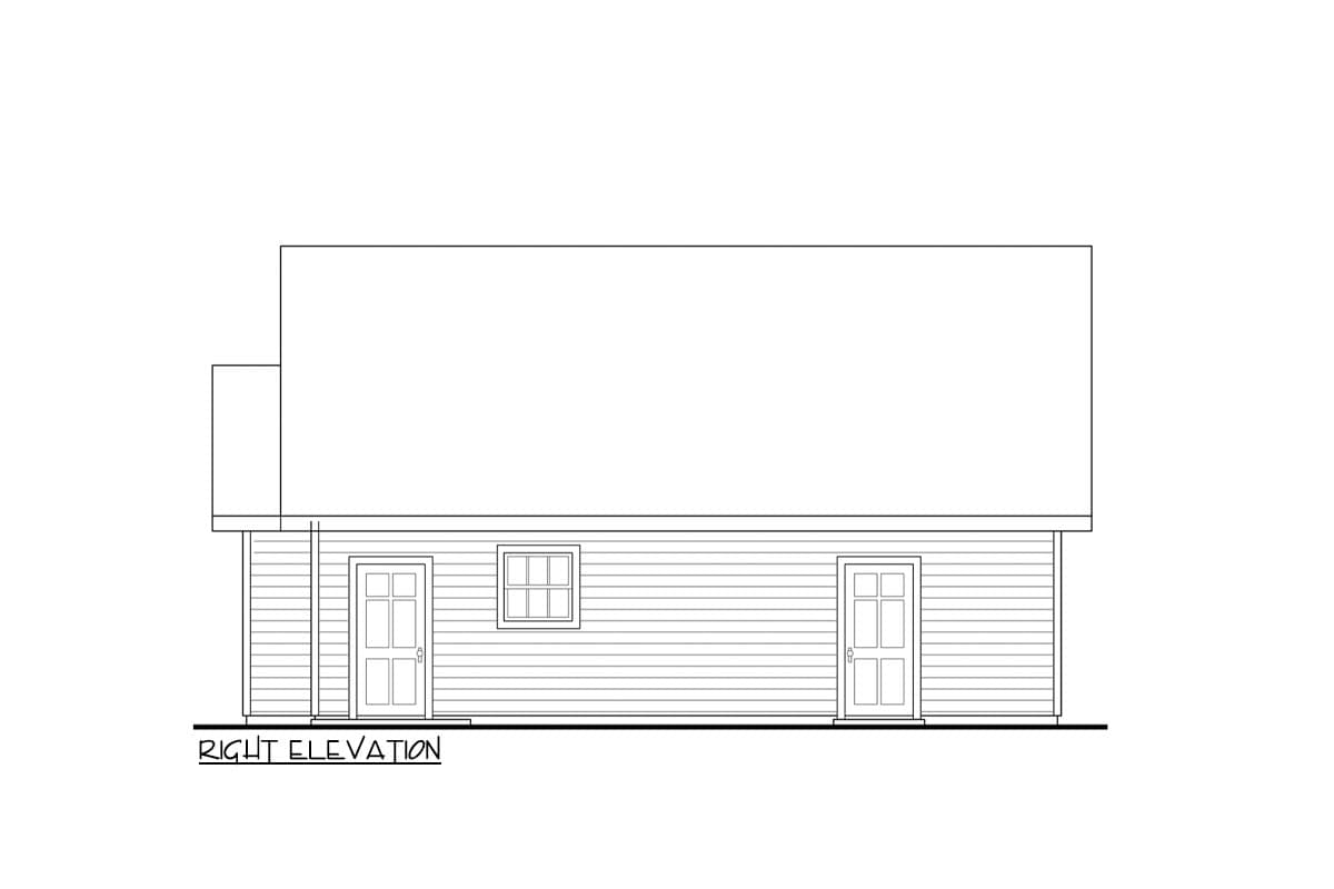 Right elevation drawing showing two doors, one window, and horizontal siding.
