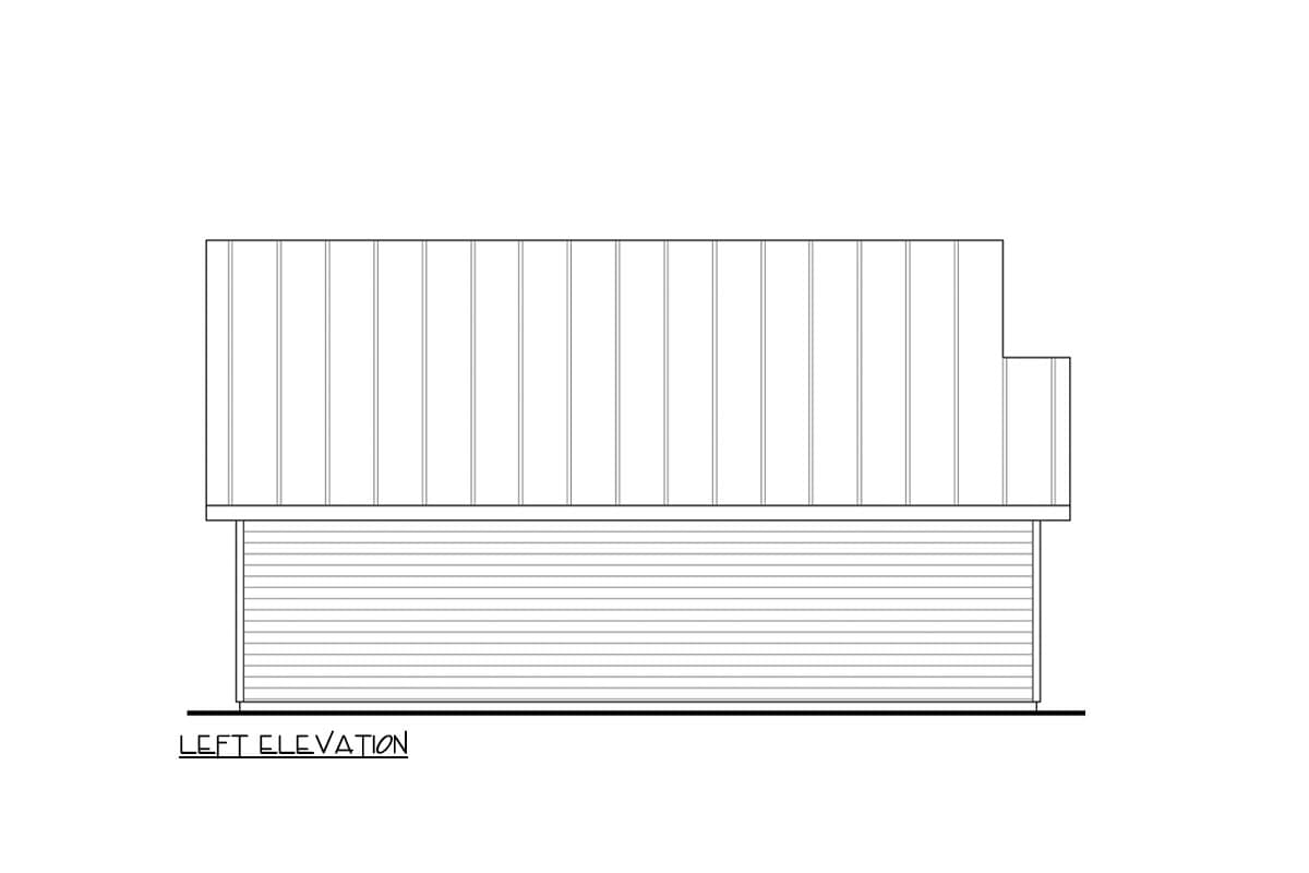 Left elevation drawing showing a two-story house plan with vertical siding on the upper level and horizontal siding on the lower level.