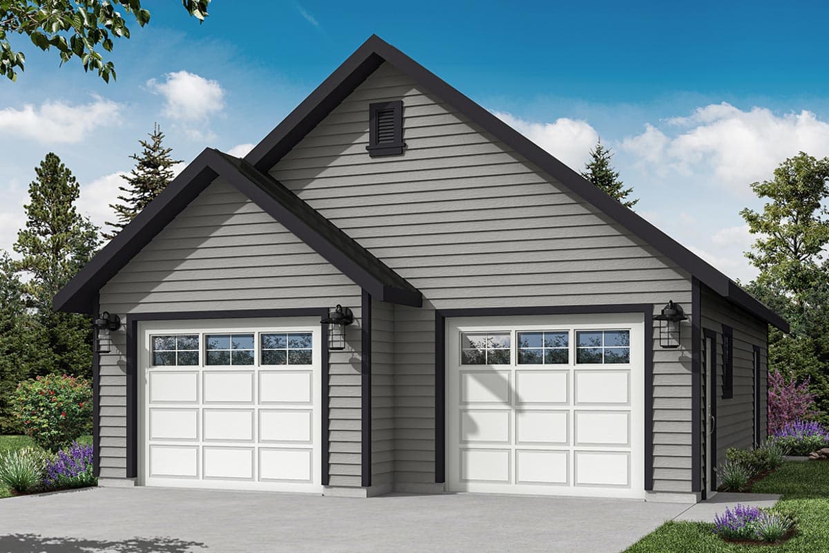 House plan exterior with two-car garage. Features include gabled roof, horizontal siding, and decorative light fixtures.