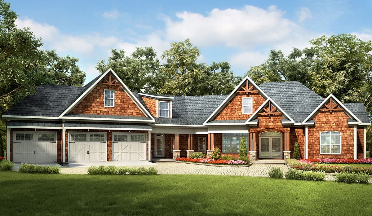 Craftsman style house plan exterior with a side-facing garage, prominent gables, wood shake siding, and arched entryway.