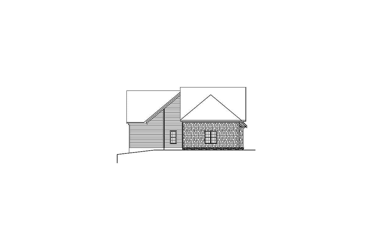 House plan side elevation showing a steeply pitched roof with gables and horizontal siding mixed with a stone facade.