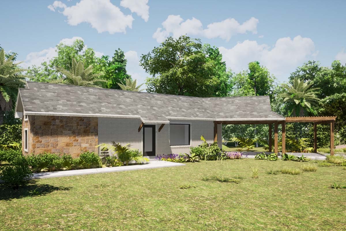 House plan exterior with a single-story design, featuring a stone veneer facade, a covered porch, and a pergola. Includes a gabled roof.