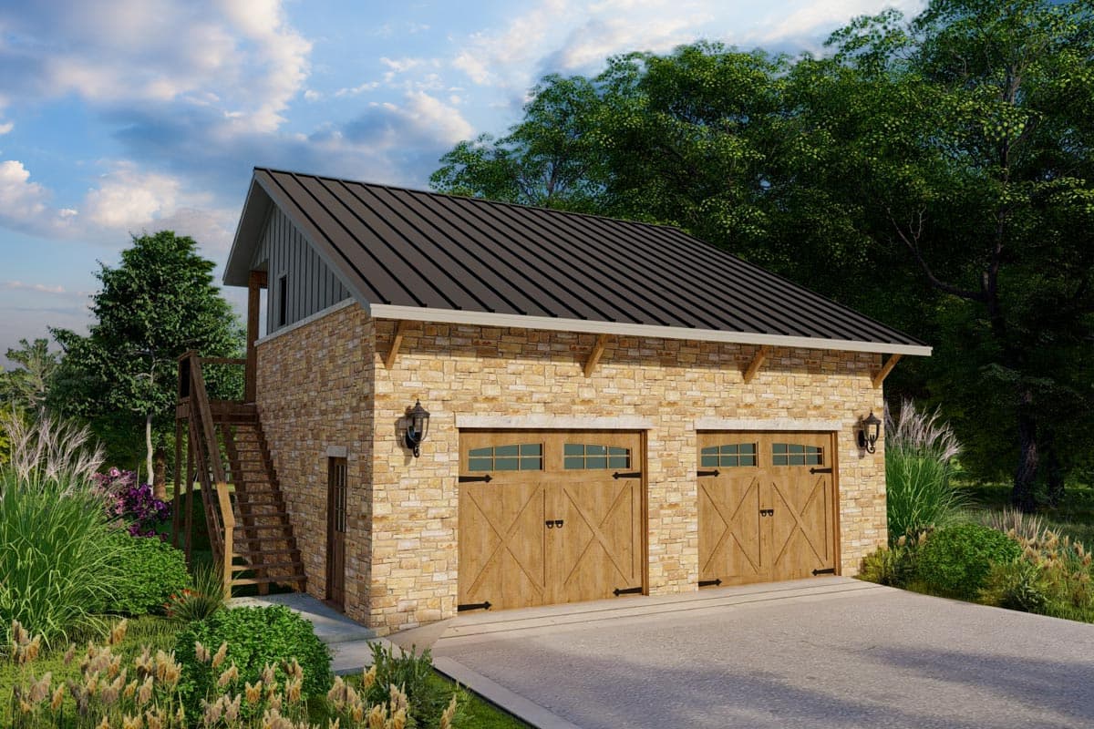 House plan exterior with two-car garage, stone veneer, and metal roof. Features include a side entrance and exterior stairs leading to a second story.