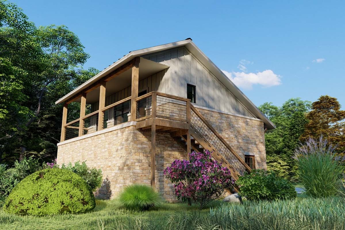 House plan exterior rendering of a two-story home with stone base, wood accents, a covered porch, and exterior staircase.