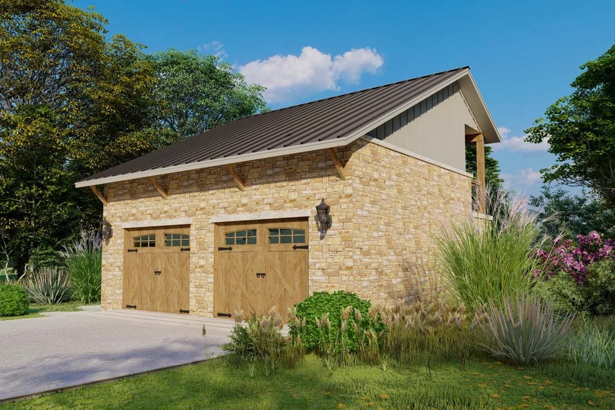Two-car garage plan exterior with stone facade, wood doors, metal roof, and visible gable framing.