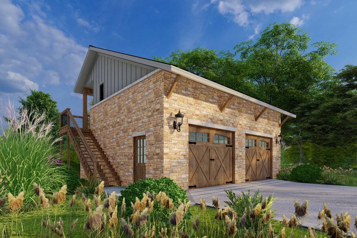 Plan 264049KMD: 2-Car Detached Garage with Stone Exterior and Living Space Above - 905 Sq Ft - Image #6 - Hill Country, Rustic