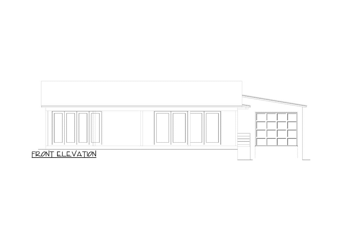 Front elevation drawing of a single-story house plan featuring multiple glass doors, a covered porch, and a garage with a grid window.