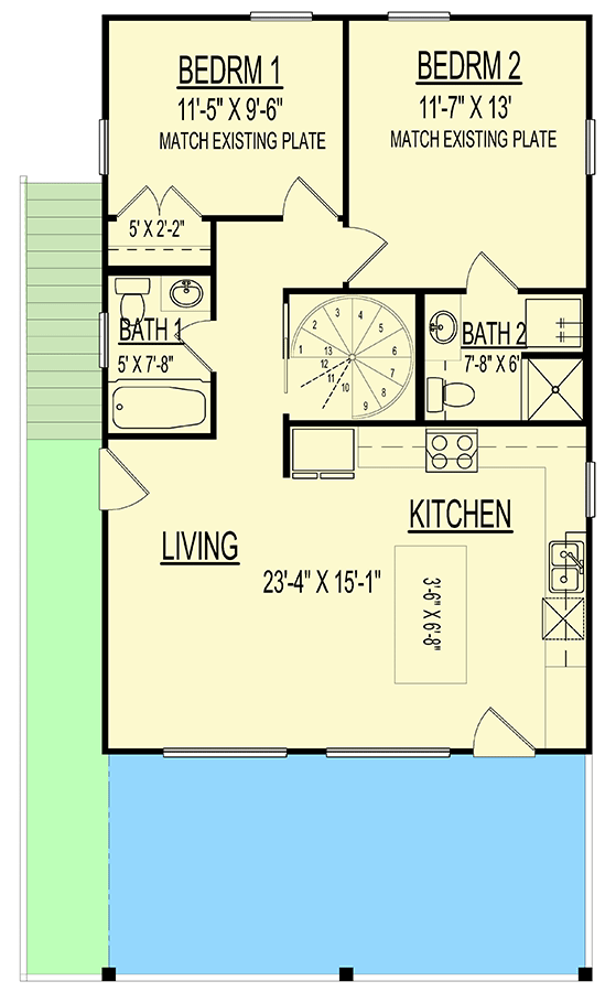 Plan 264051KMD: Elevated Coastal House Plan with Bunk Room - 1076 - Floor Plan - Main Level - Beach, Coastal, Low Country