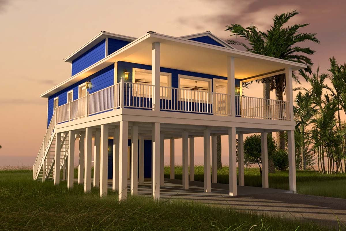 House plan exterior of a two-story raised beach house with a large covered porch, white railings, and a side staircase.