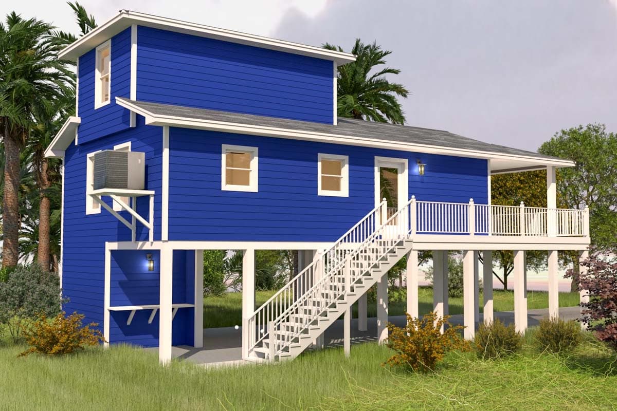 House plan exterior: Two-story elevated coastal home with blue siding, large front stairs, and a wraparound deck.