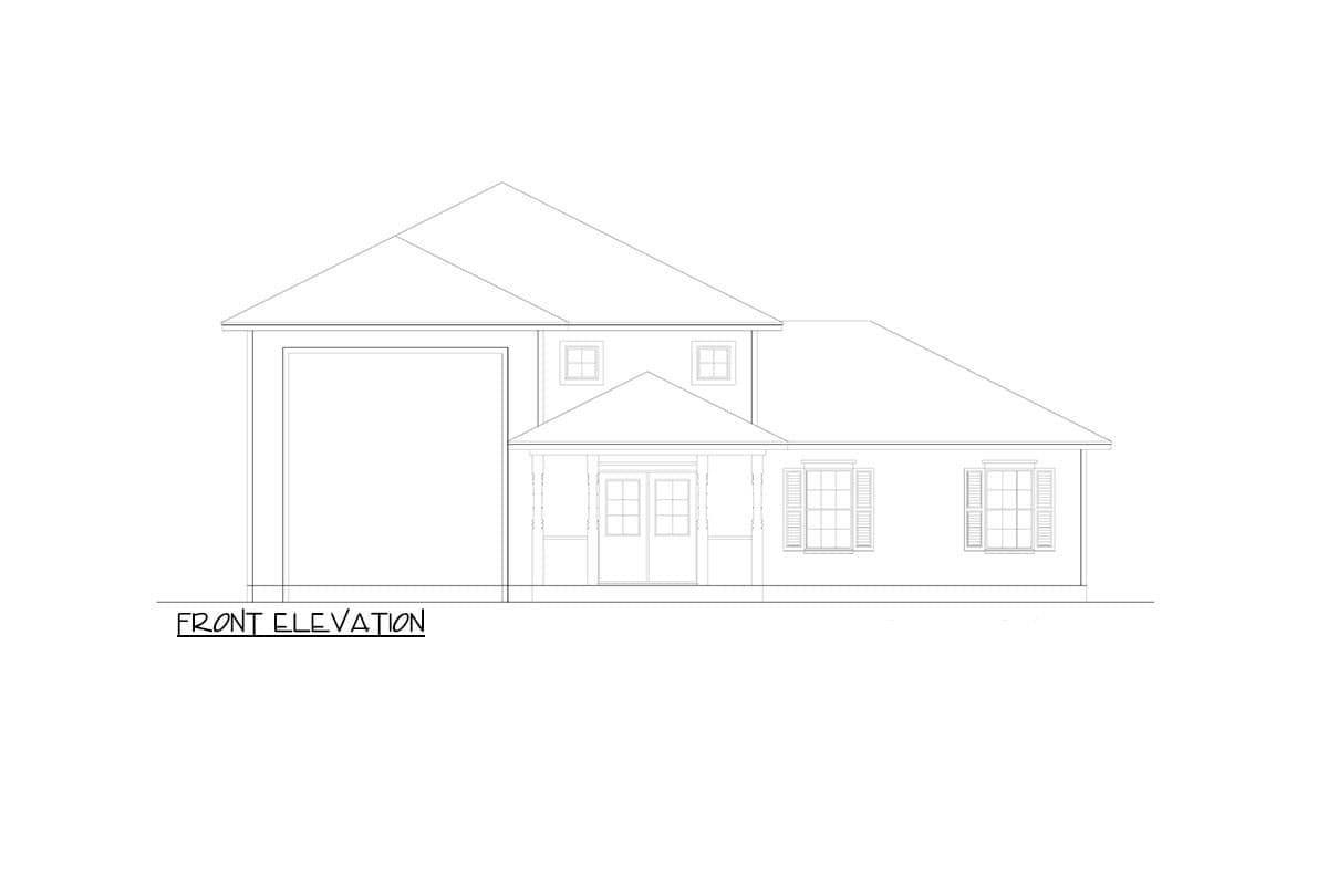 Front elevation drawing of a two-story house plan with a covered porch, double doors, and a two-car garage.