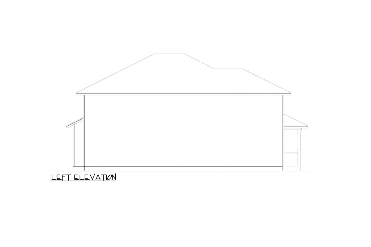 Left elevation drawing of a house plan showing a sloped roof and a covered porch on the right side.