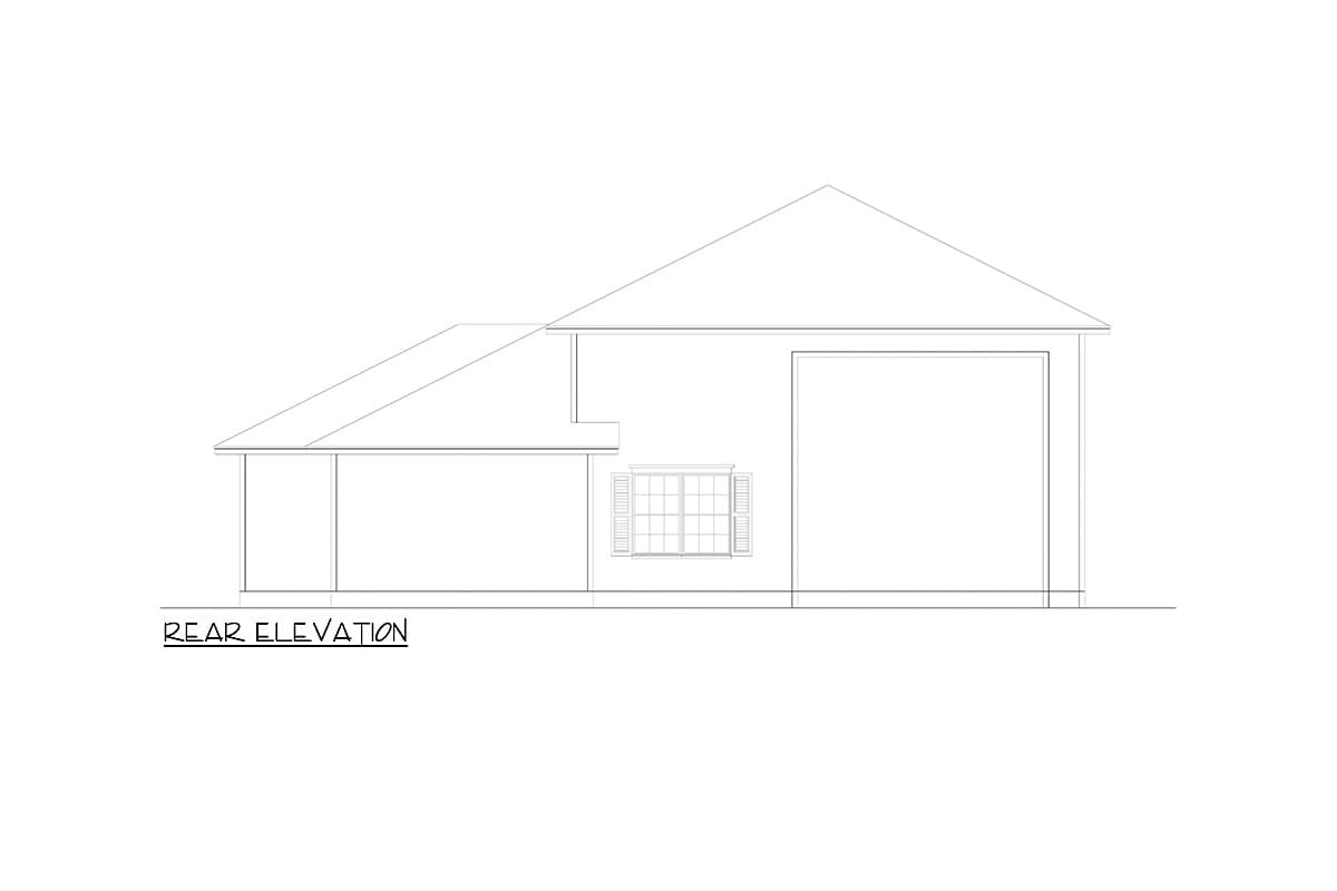 Rear elevation drawing of a house with a covered porch, a double-hung window with shutters, and a garage.