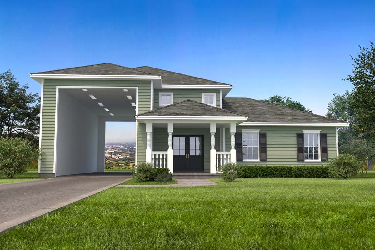House plan exterior. Two-story with open carport and gabled roof. Features a front porch with columns and shutters on the windows.