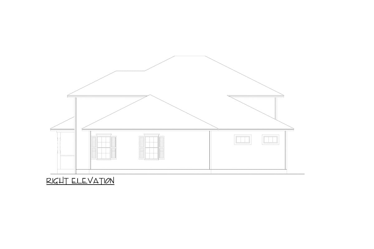 Architectural drawing of a house plan's right elevation, showing multi-level rooflines and windows.