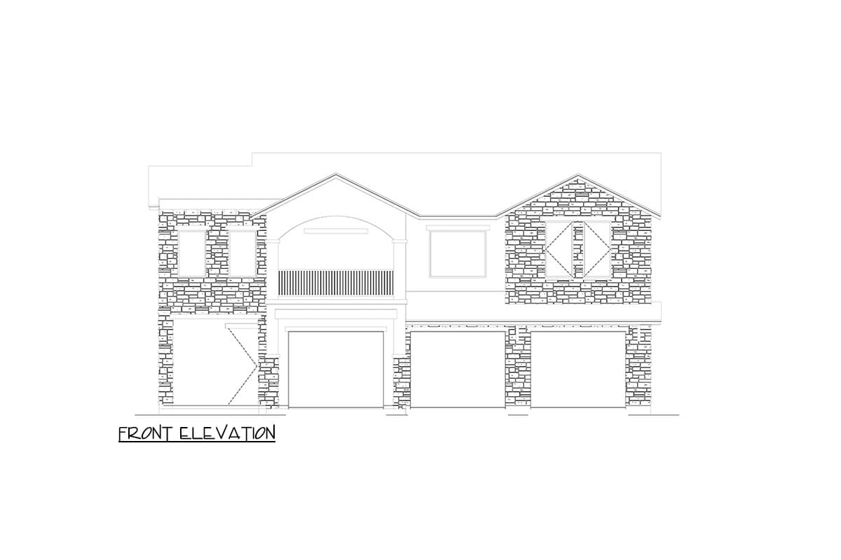 Front elevation house plan with stone exterior, three-car garage, and second-story balcony.