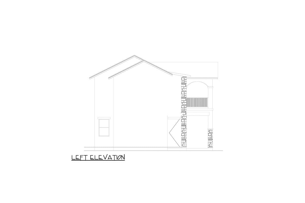 Left elevation drawing of a house plan featuring a two-story structure with a balcony and gabled roof.