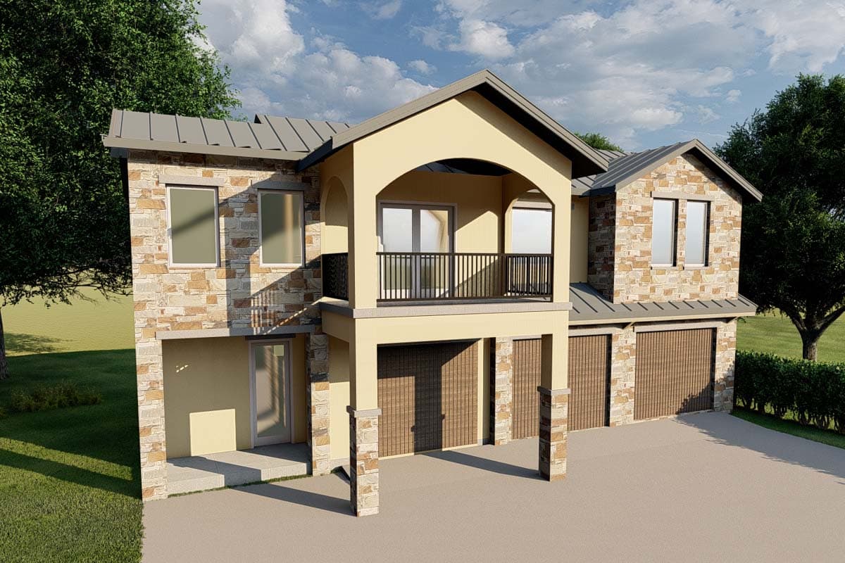 House plan exterior with two stories, stone veneer facade, balcony, and a three-car garage. Gable roof and stone columns.