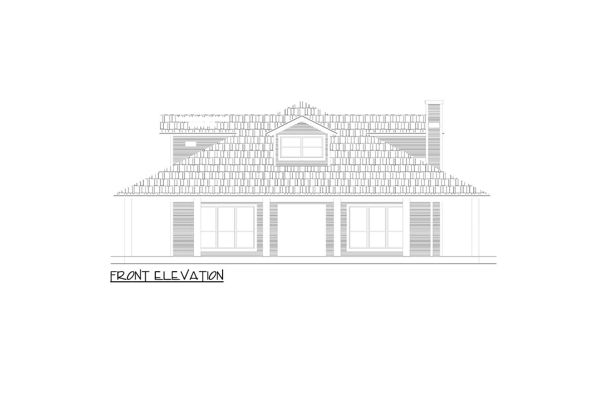 Front elevation drawing of a house with a prominent gable dormer and a shingled roof.