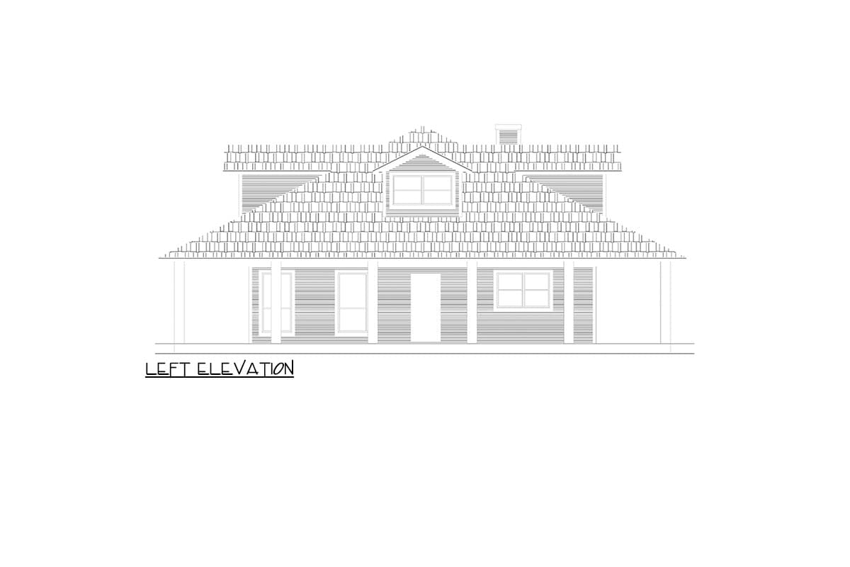 Left elevation drawing of a house plan with a gabled roof, dormer, covered porch, and horizontal siding.
