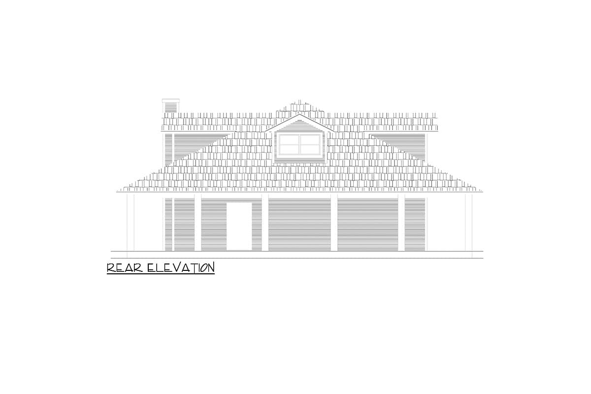 Rear elevation drawing of a house with a covered porch, multiple gables, a dormer window, and a shingled roof.
