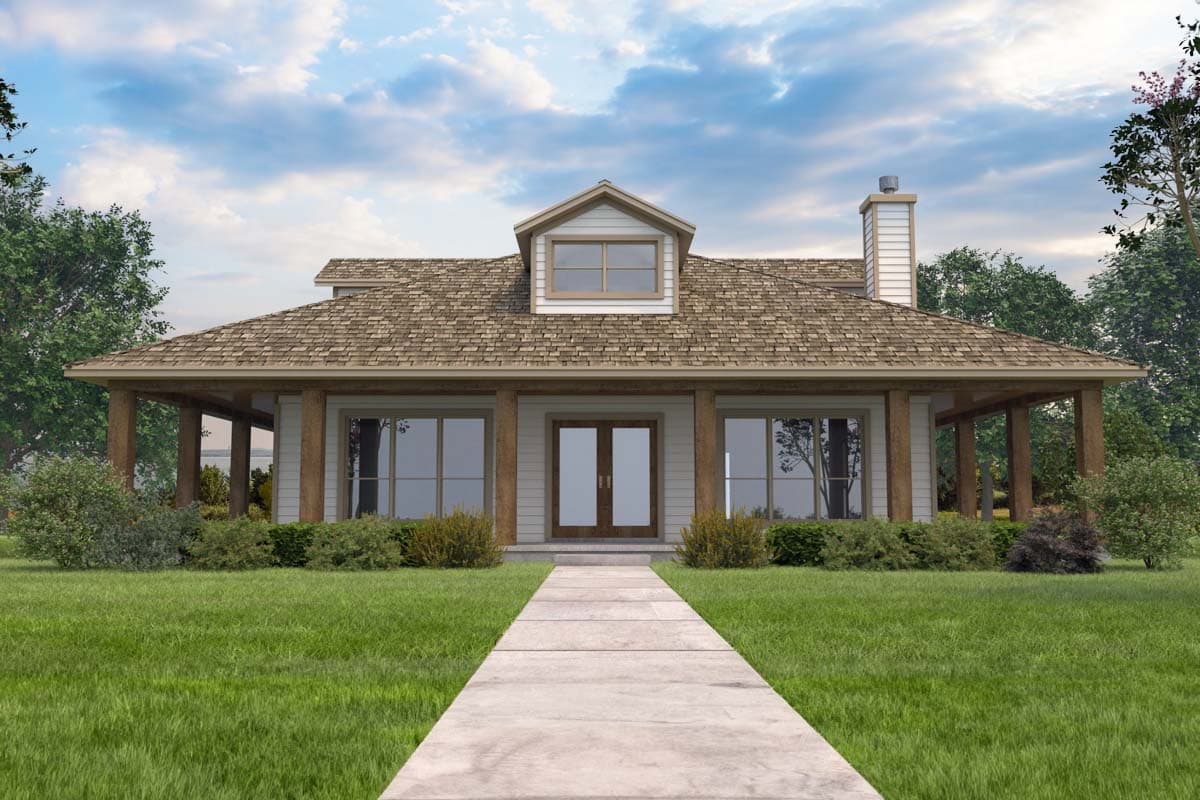 House plan exterior with Craftsman style, one story, a covered porch, dormer, and gabled roofline.