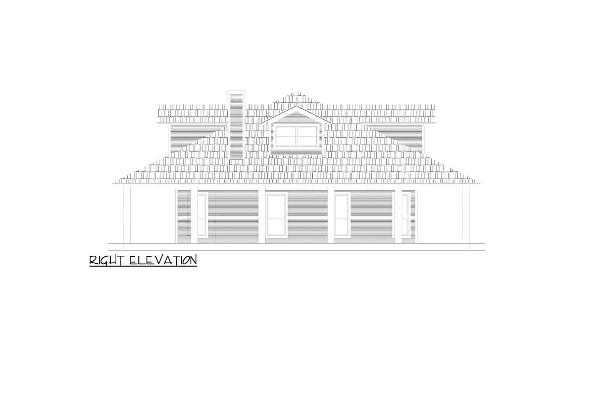 Right elevation house plan with a gabled dormer, prominent chimney, and a wide covered porch supported by columns.