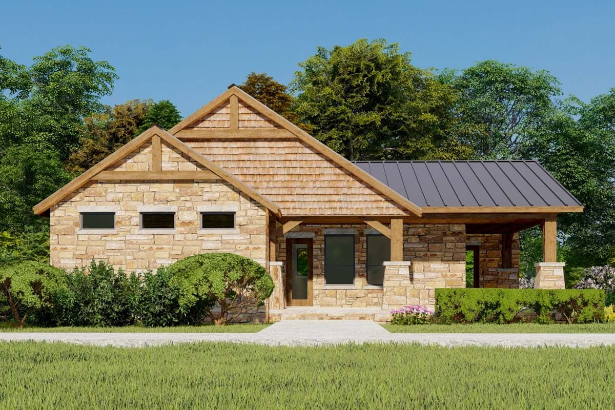 House plan exterior: Stone exterior, exposed wood beams, gable roof with cedar shakes, metal roof, and covered front porch.
