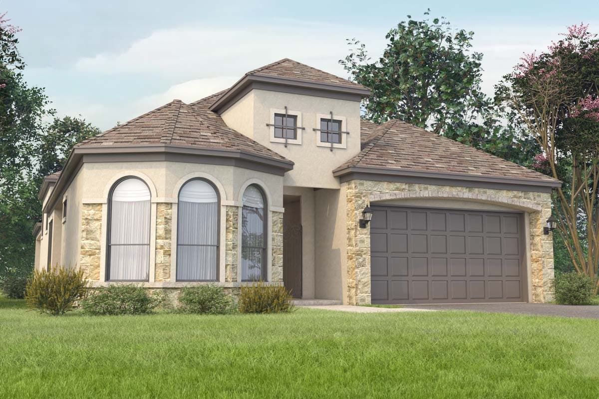 House plan exterior rendering with stone accents, arched windows, multiple gables, and a two-car garage.