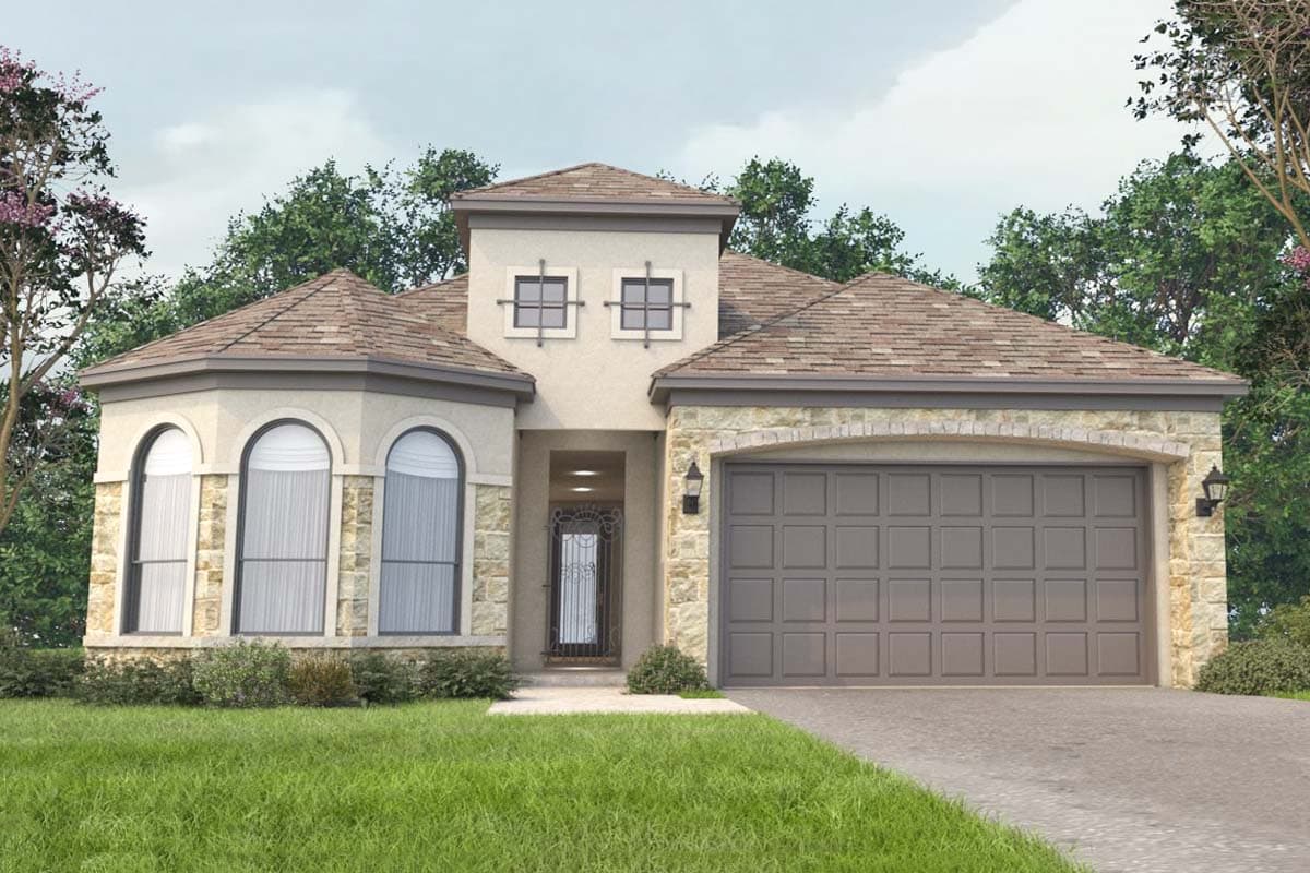 House plan exterior: One-story home with stone accents, arched windows, a prominent entryway with a decorative door, and a two-car garage.