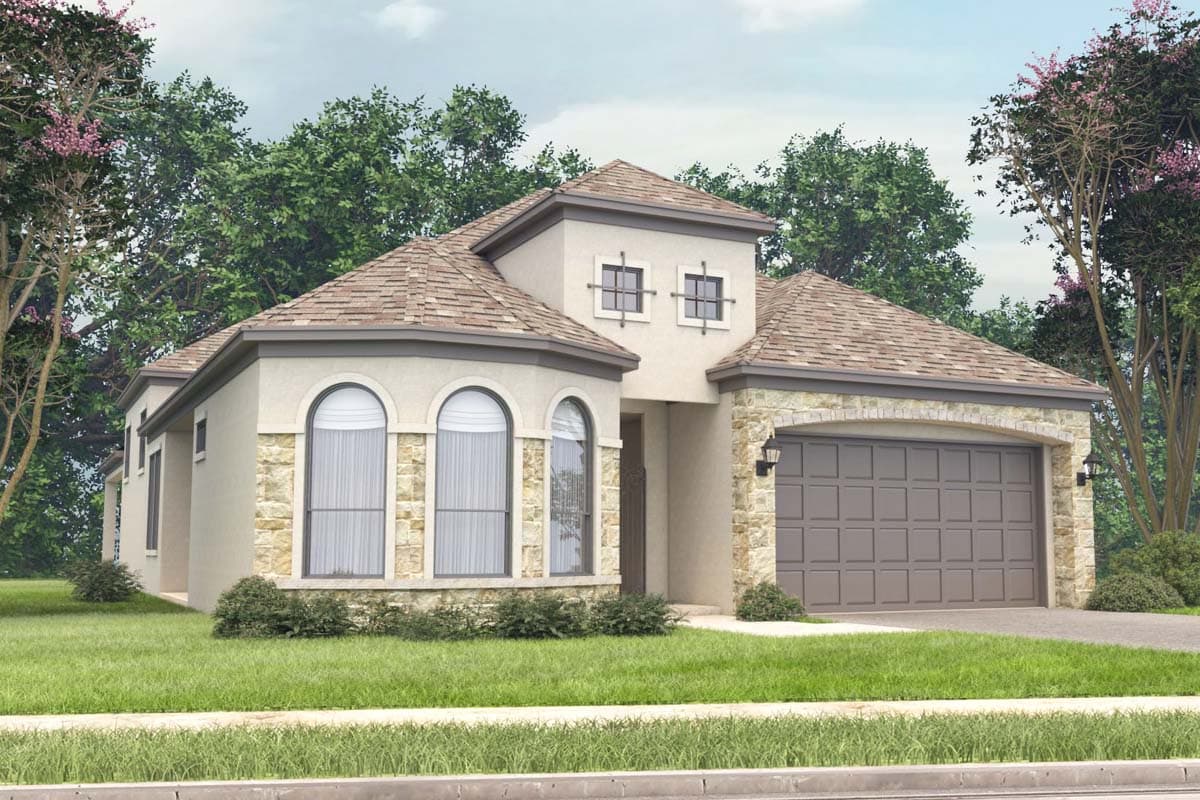 House plan exterior with stucco and stone facade, arched garage entry, arched windows, and a multi-gabled roof.