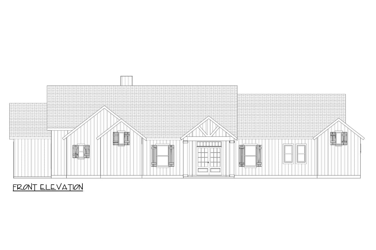 Front elevation drawing of a single-story house plan with gabled roof, double door entry, and shuttered windows.