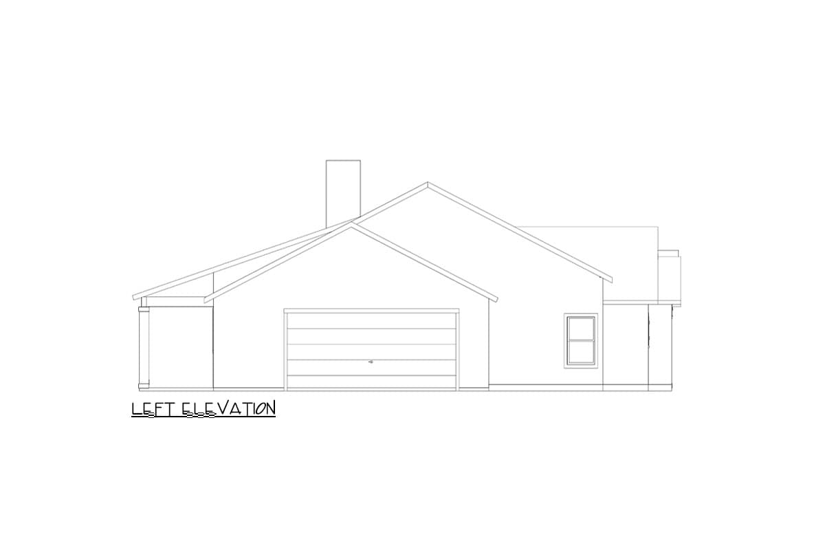 Left elevation house plan showing a single-story structure with a gabled roof, attached garage, porch, and chimney.