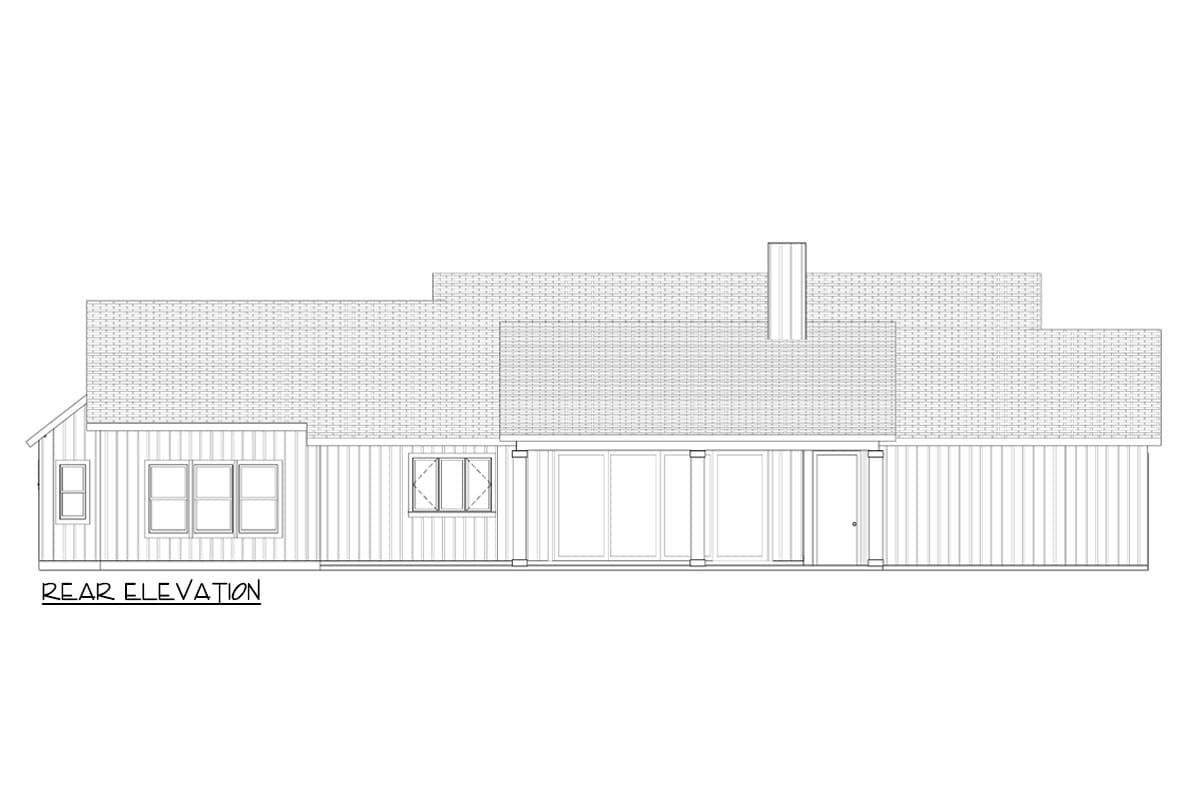 Rear elevation drawing of a house plan featuring varied rooflines, a chimney, and a series of large windows and a door.