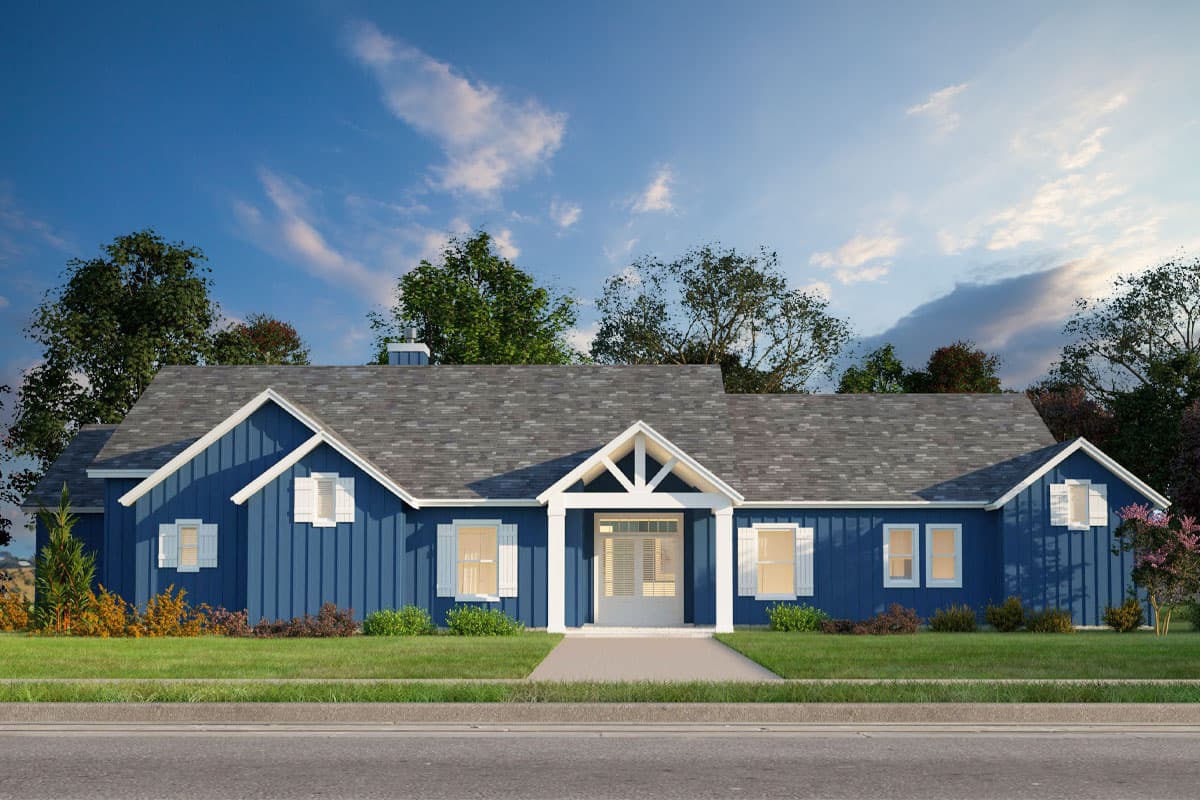 House plan exterior. Ranch-style home with one story, gable roof, and covered entry porch. Features include white shutters and siding.