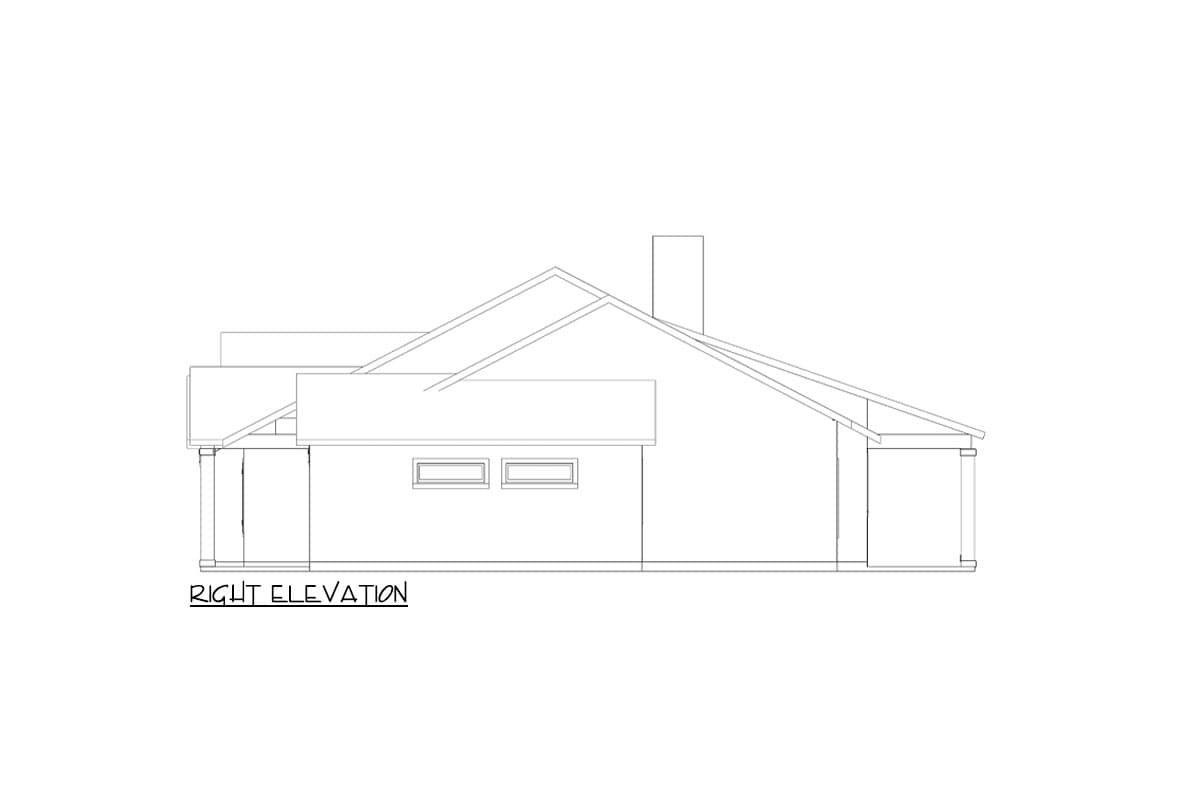 Right elevation drawing of a house plan featuring a prominent pitched roofline, chimney, and covered porch areas.