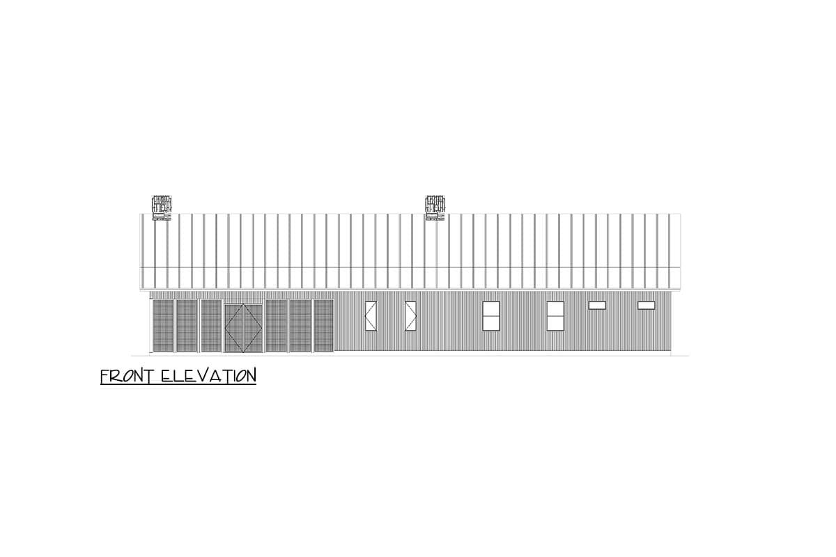Front elevation drawing of a house plan featuring a metal roof, multiple glass doors, and several windows.