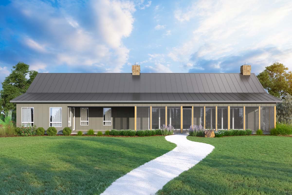 House plan exterior with modern farmhouse style, single story, and a metal roof. Features include chimney stacks and screened porch.