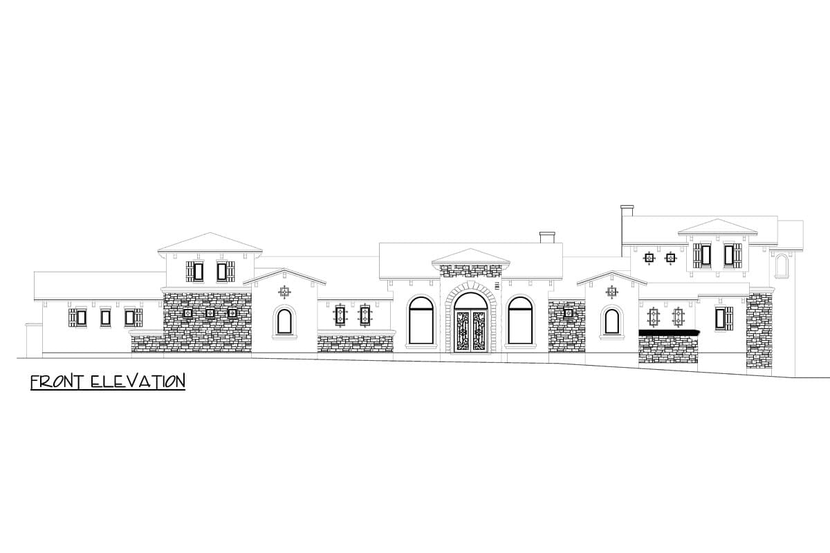 Front elevation drawing of a house with arched entryway, multiple gables, dormers, and stone accents.