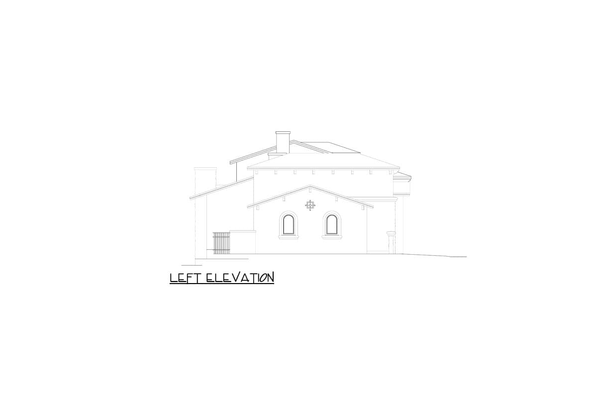 Left elevation drawing of a multi-story house with gabled roof, arched windows, and chimney.