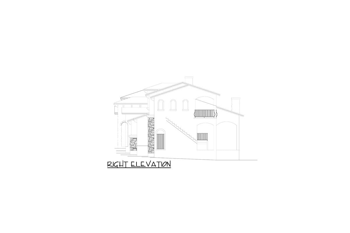 Right elevation drawing of a multi-story house with arched windows, balconies, and stone accents.