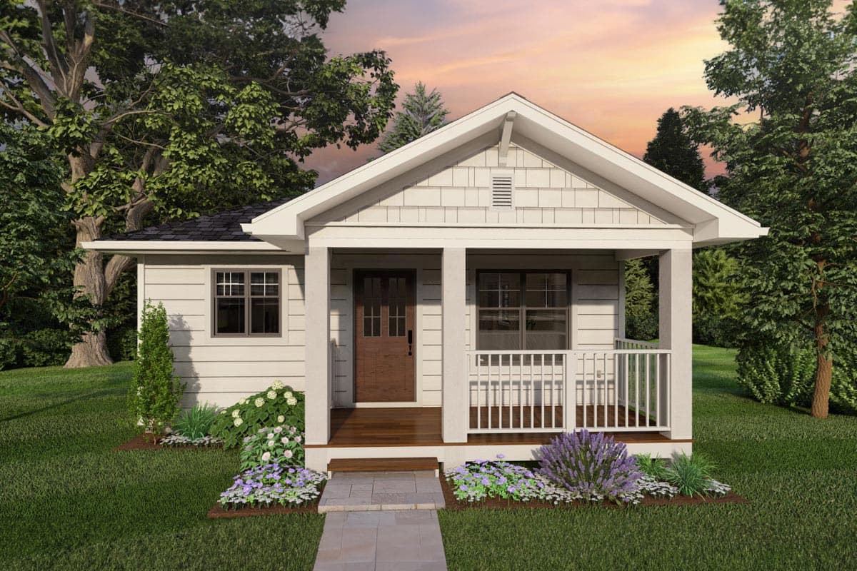 House plan exterior. Craftsman-style, one-story home with a front porch, gabled roof, and wood-paneled siding.