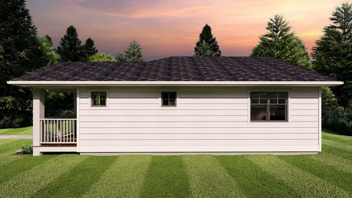 House plan exterior: single-story home with a covered front porch and simple gable roof.